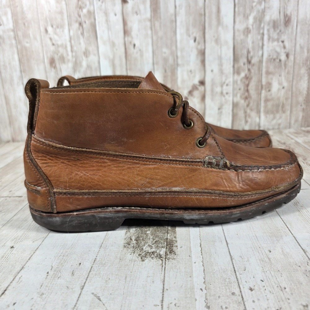 Vintage Made in USA Leather‎ Chukka Boots Mens 10.5 D Moc Toe Vibram Gumlite Tan